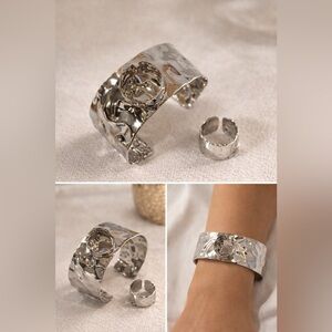 Silver Broad Bracelet with Adjustable Fit Ring.